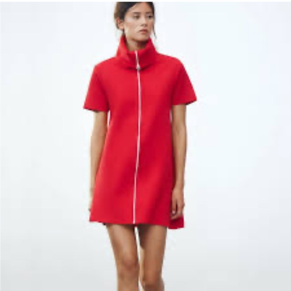 ZARA Red Short Sleeve Zipper Collar Dress Mini A-Line Size M - Picture 2 of 8